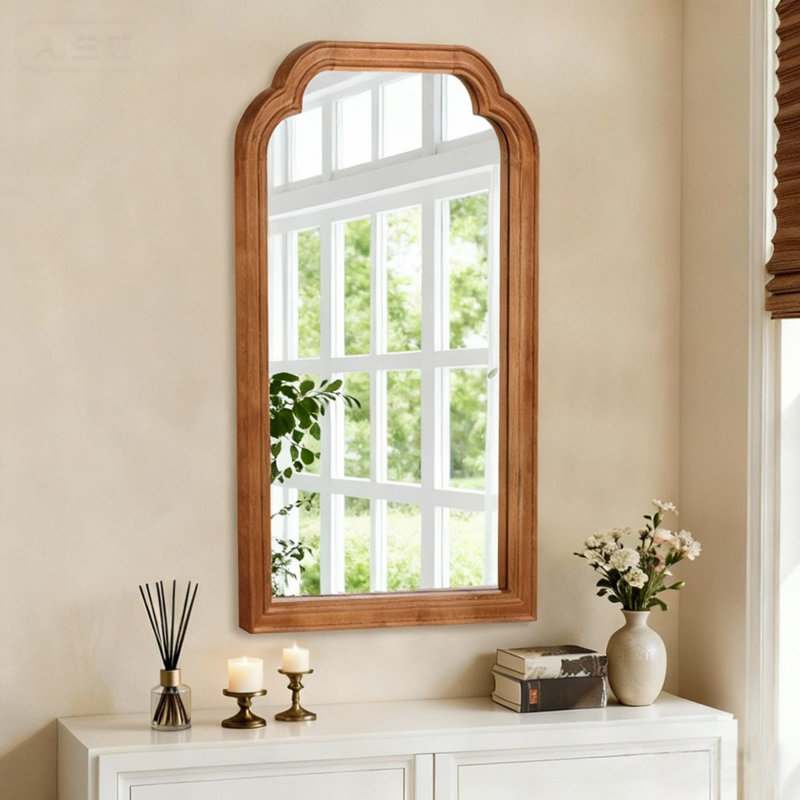 Classic Irregular Wood Framed Decorative Wall Mirror, Yellowish-Brown, 36" x 24"