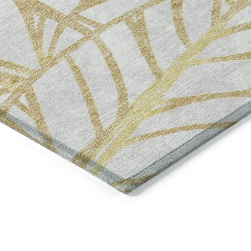 3' X 5' Gold And Beige Floral Washable Indoor Outdoor Area Rug