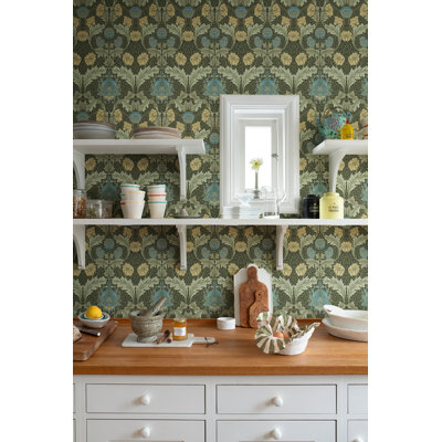 Myrtle Dark Green Floral Ogee Wallpaper