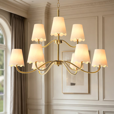 Lustre moderne araignée en laiton poli à 9 lumières (96,5 cm) avec abat-jour en lin pour salle à manger/salon
