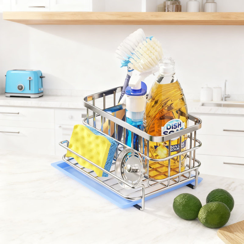 Organisateur d'évier de cuisine, chariot d'évier en acier inoxydable antirouille SUS304 avec porte-éponge et plateau de drain amovible pour l'organisation du comptoir