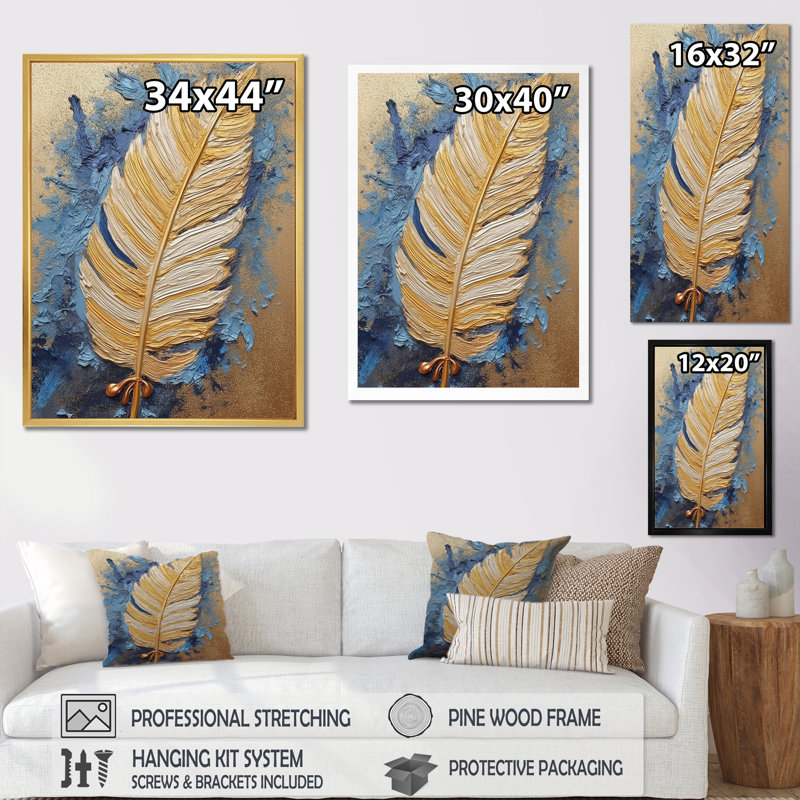 «Boho Glam Exquis Gold On Blue Feather», reproduction d'art sur toile, 40" H x 30" W, Cadre flottant doré