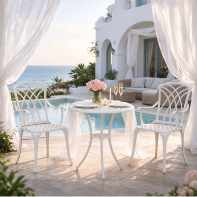 Classic White Cast Aluminum Patio Bistro Set, 2 Chairs & Round Table for Backyard Porch