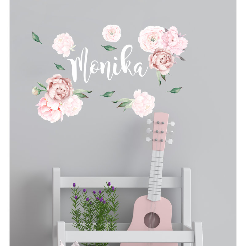 Aquarelle fleurs de pivoines avec décalcomanie murale fille, H 15 po x l 24 po, H 33 po x l 53 po