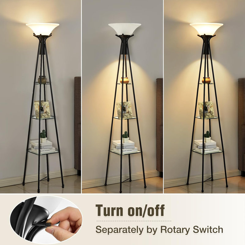 69" Black Industrial Floor Lamp with White Plastic Shade and Glass Shelves