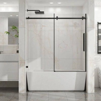 60"W X 58"H Bathtub Shower Door, Frameless Design Tub Sliding Opening Shower Door  - 1/4" (6Mm) Thick Clear Tempered Glass With With Easy-Clean Coating Function, Stainless Steel Hardware
