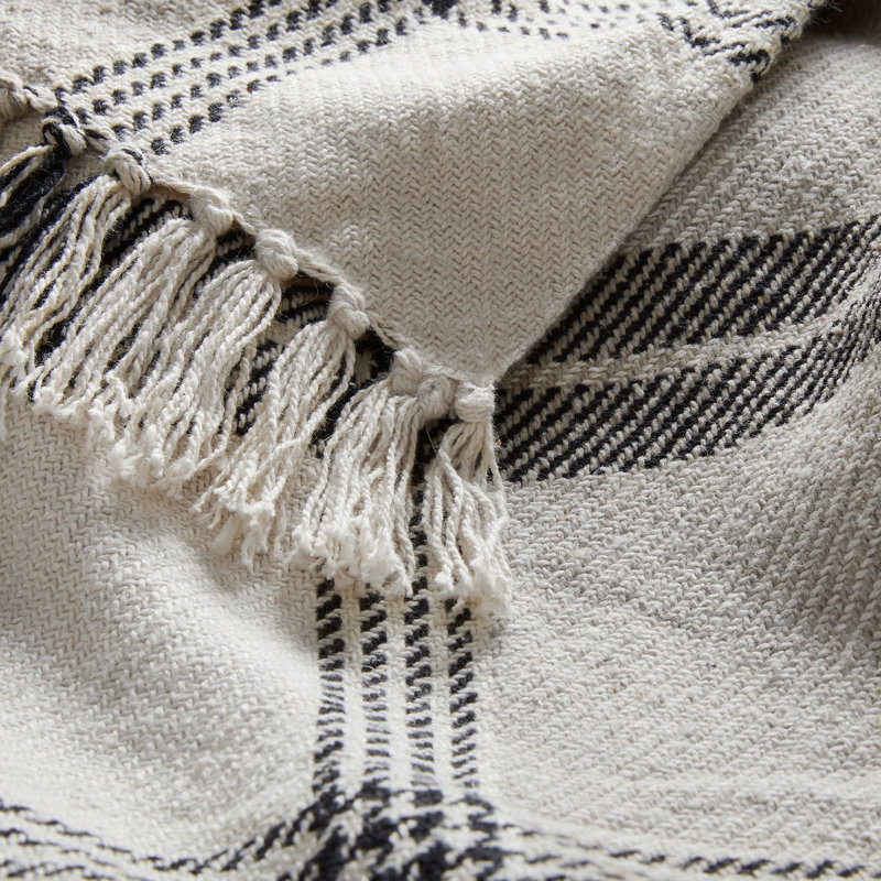 Rustic Beige and Black Cotton Plaid Throw Blanket with Fringe