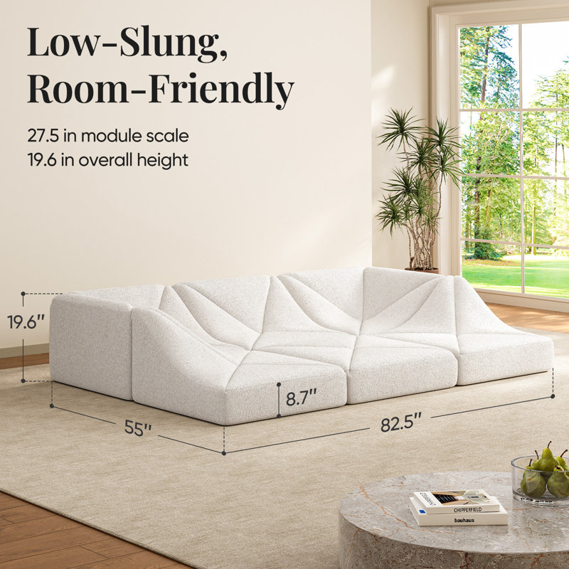 Canapé modulaire compact en chenille 4 places, canapé-lit à profil bas 6 pièces pour appartements et petits salons, White