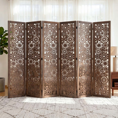 67" Floral Carved Folding Room Divider – Solid Paulownia Wood Frame with MDF Panels