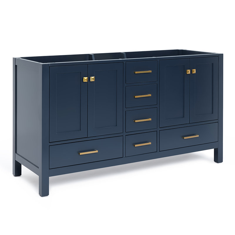 Cambridge 60'' W Double Bathroom Vanity Base, Satin Brass, Midnight Blue