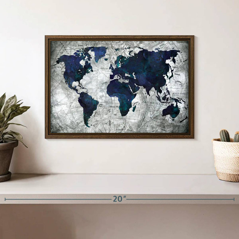 Carte du monde, 13 po x 9 po, Cadre flottant noyer