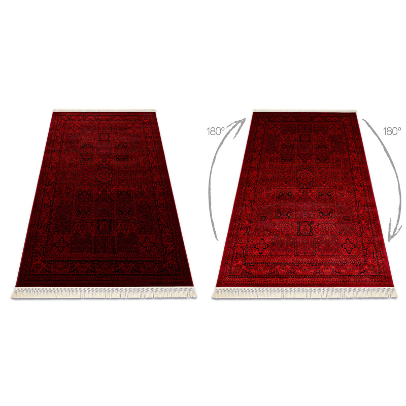 Luca 5365 – Elegant rug with fringes in burgundy & black – Classic Lucaal rug with ornamental & frame pattern