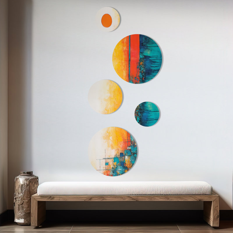 Bleu et orange minimalisme coucher de soleil II - ensemble d'art mural rond minimaliste de 5