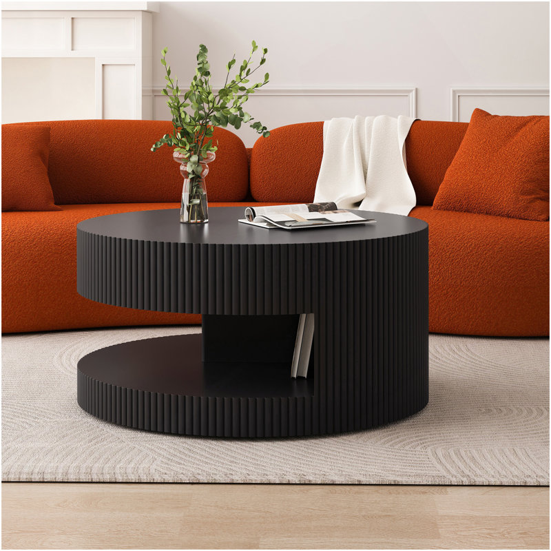Table basse ronde de 31,5 po en noir, look moderne pour tous les espaces. Table stable, imperméable, sans assemblage, 31,5 po, noir avec rayures verticales et rangement, salon et chambre à coucher, facile à nettoyer,