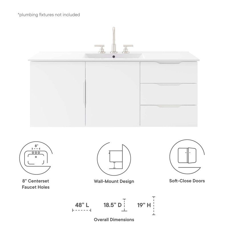 Base de meuble-lavabo simple mural 48 po Modway seulement, Blanc