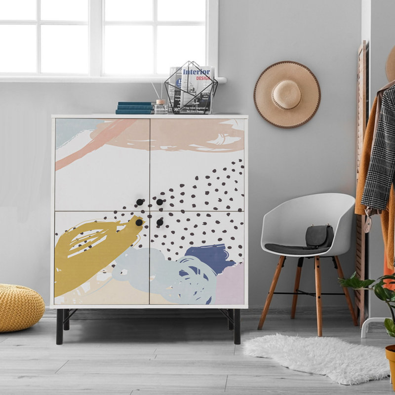 Multi-Purpose Cabinet with Metal Legs, Abstract Design, 37.4 x 43.7 x 14.2 Inches | 100% Melamine Coated Particle Board, 0.71-Inch Thickness | UV Coating, Numerous Shelves, Wall-Mountable, Extra Storage Solution