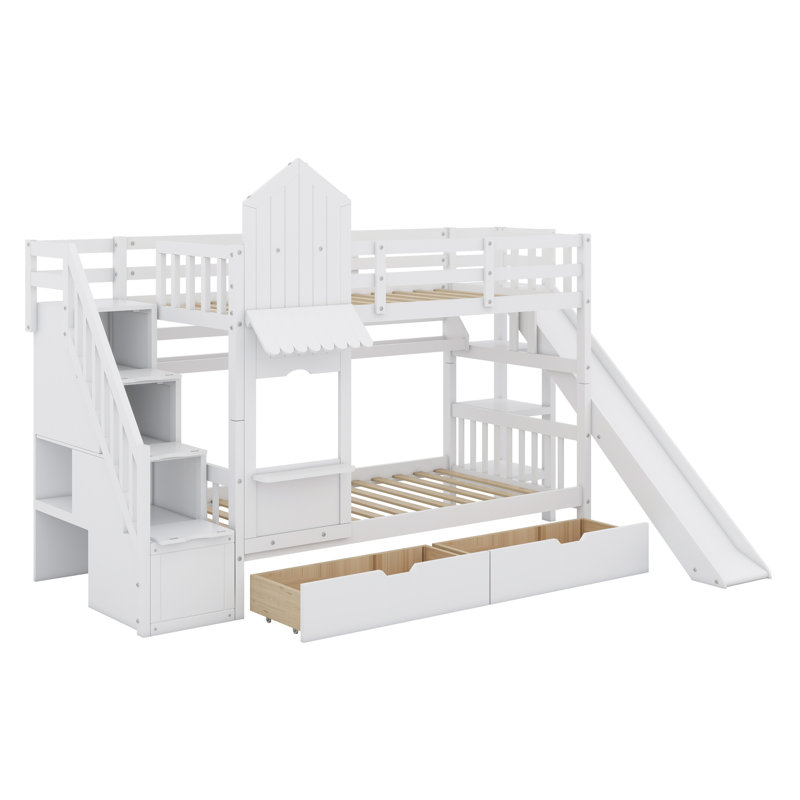 Lit superposé de style château avec 2 tiroirs, 3 tablettes et glissade, Blanc