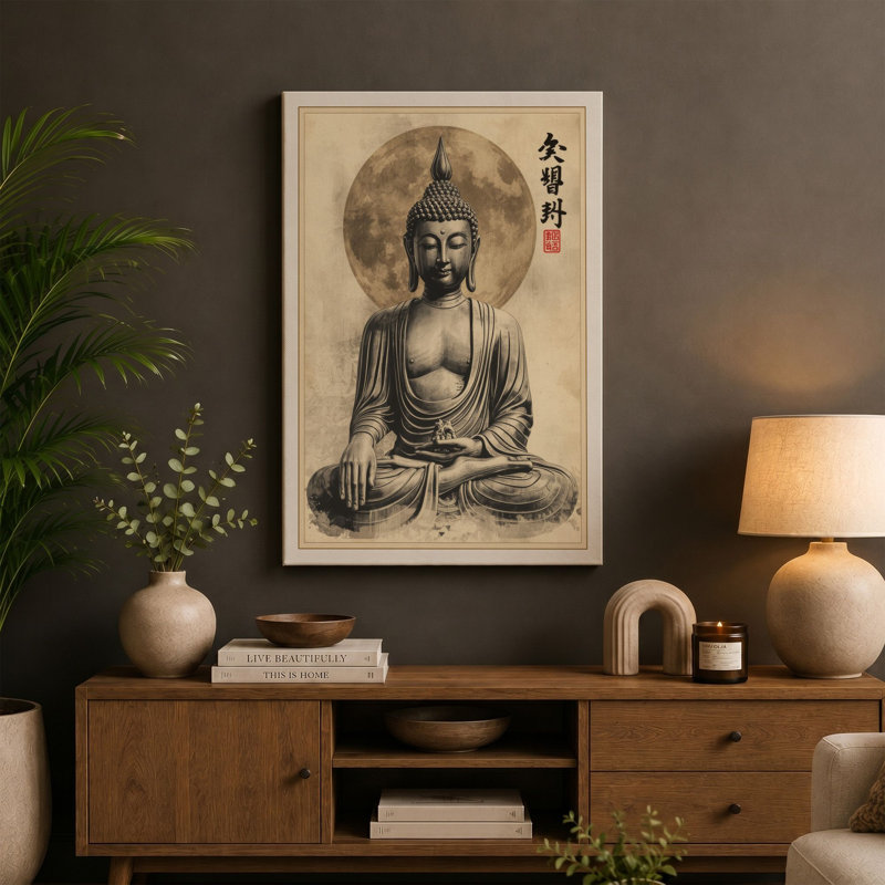 Meditating Buddha Japandi - Wrapped Canvas, 36x24 - 91.4 x 61.0 cm, Black Border