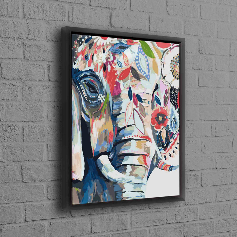 Éléphant coloré abstrait, reproduction d'art sur toile pour impression murale, Cadre flottant noir, H 94 po x l 41 po