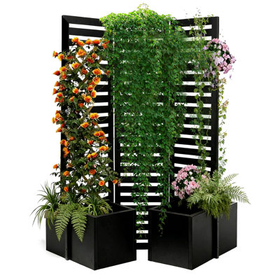 Outdoor Privacy Screen with Planter Boxes, 3-Panel Freestanding Metal Garden Divider with Trellis for Patio Yard