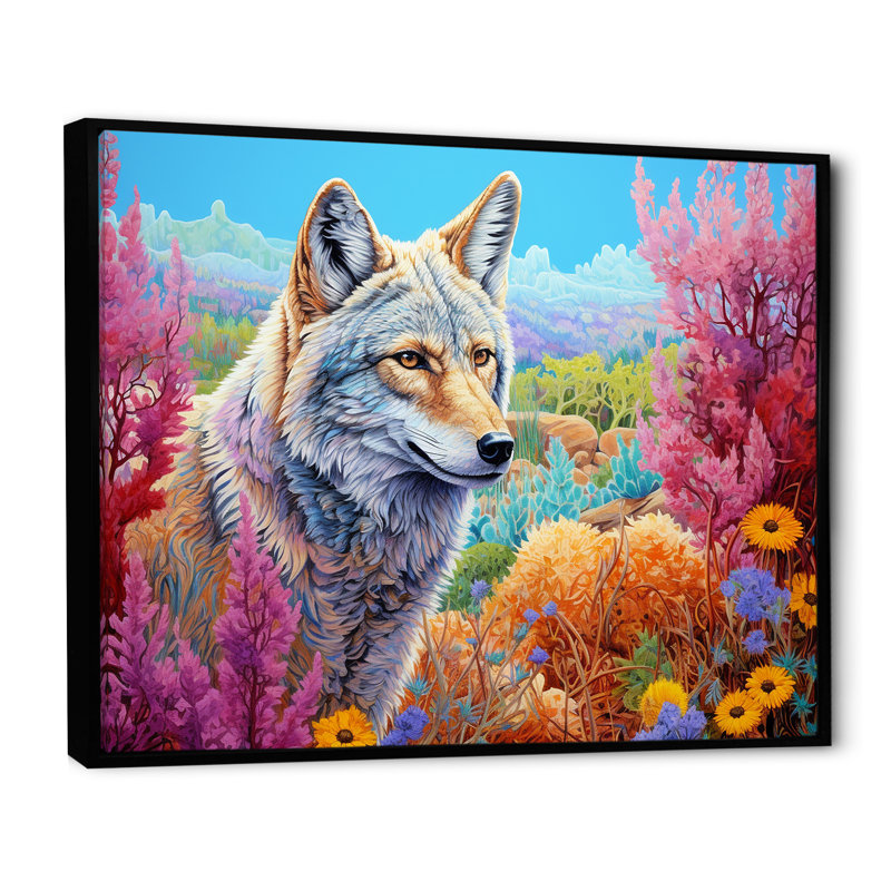 «Native Coyote Horizon» sur toile, Cadre flottant noir, H 30 po x l 40 po x P 1,5 po