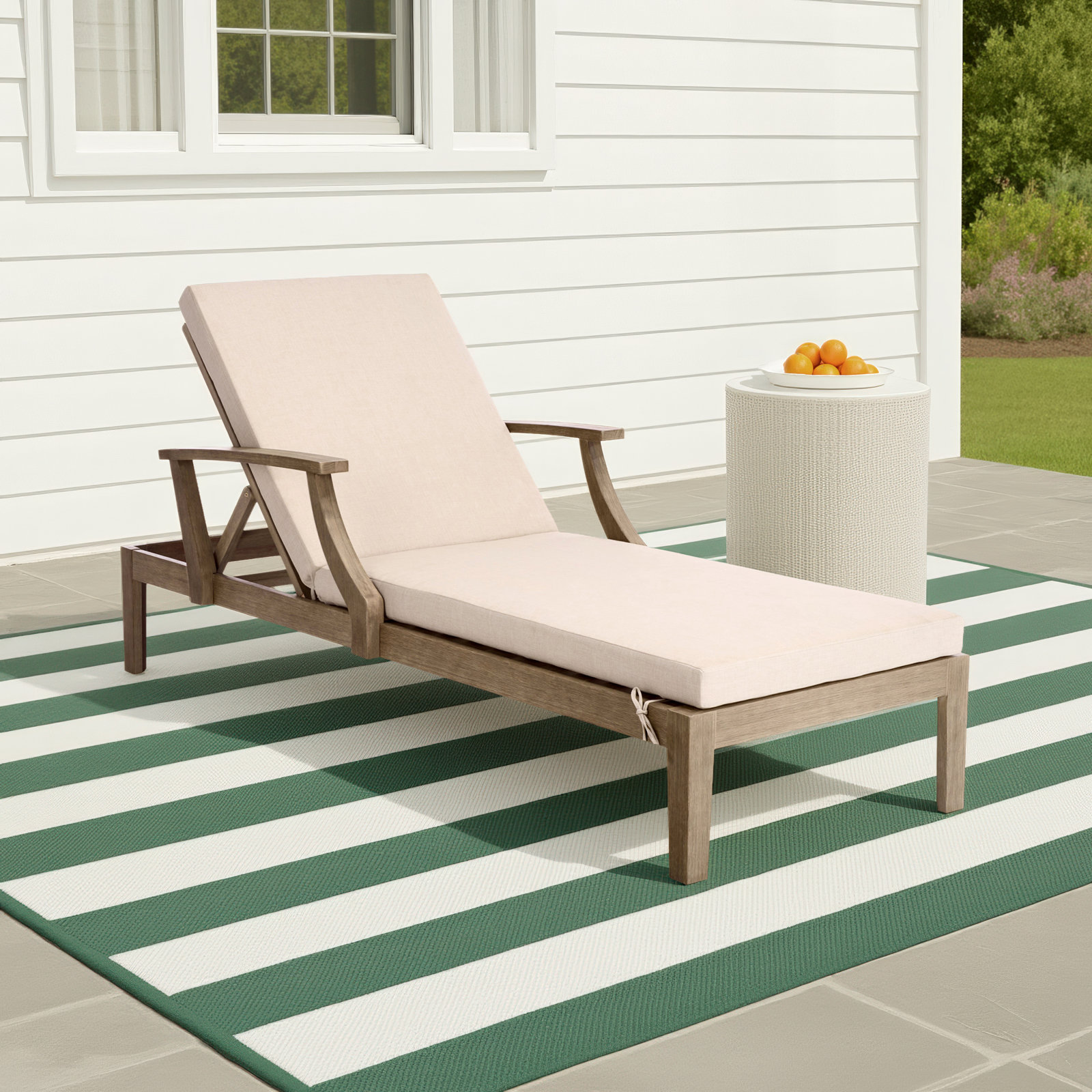 Clairmont 28" Eucalyptus Patio Chaise Lounge, Beige Cushion/Natural Wood Frame