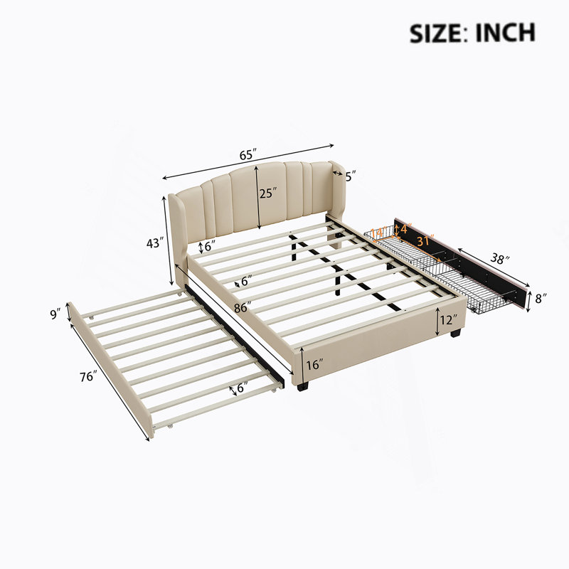 Lit plateforme tapissier avec tête de lit à oreilles, un lit gigogne simple et 2 tiroirs, aucun sommier nécessaire, Beige
