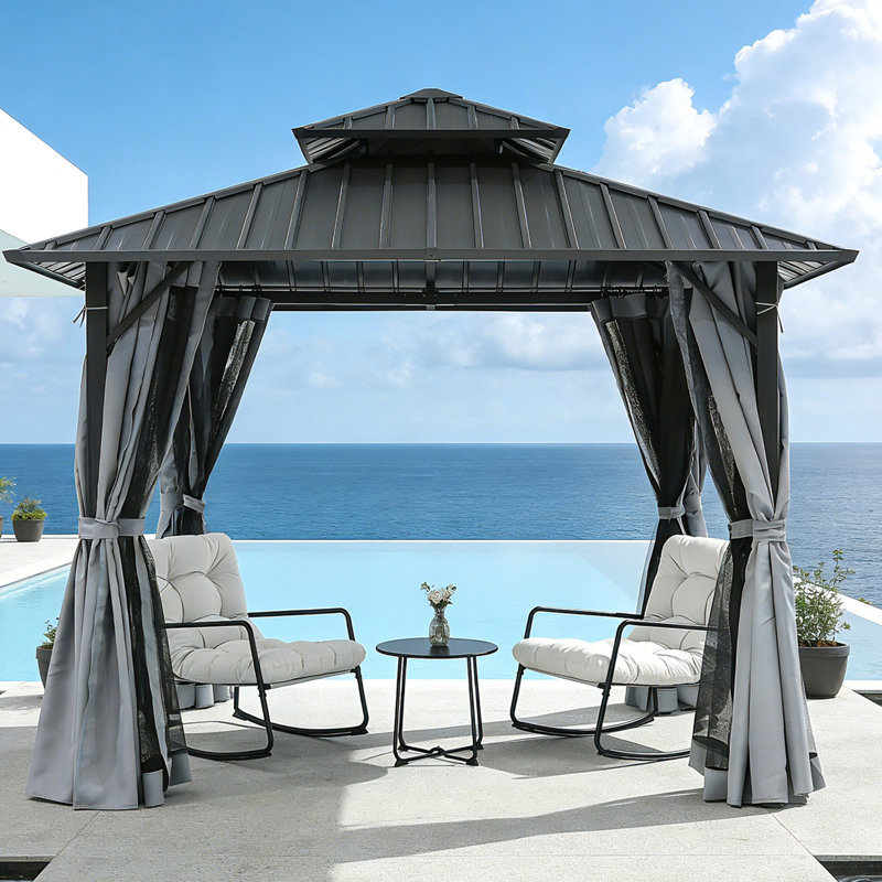 10 Ft. x 10 Ft. Outdoor Aluminum Hardtop Gazebo, Double Roof Patio Gazebo with Curtains and Netting, Ventilated Metal Roof Outdoor Shelter for Backyard, Garden, Deck and Patio, Gray
