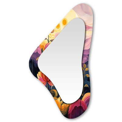 Heena Purple Flowers Landscape Bright Sunshine - Botanicals Asymmetrical Large Wall Mirror, Orange Unique Shape Decorative Mirror, Printed Metal Art