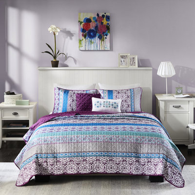 Courtepointe simple / simple TG Global Print - mauve avec coussins décoratifs réversibles