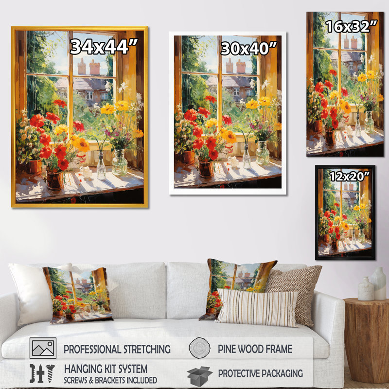 Fleurs d'été, vue de fenêtre à la ferme III - art mural floral, Cadre flottant noir, H 32 po x l 16 po