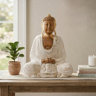 Statue de Bouddha en bois sculptée à la main, sculpture de Dhyana Mudra blanchie à la main, décor de méditation zen