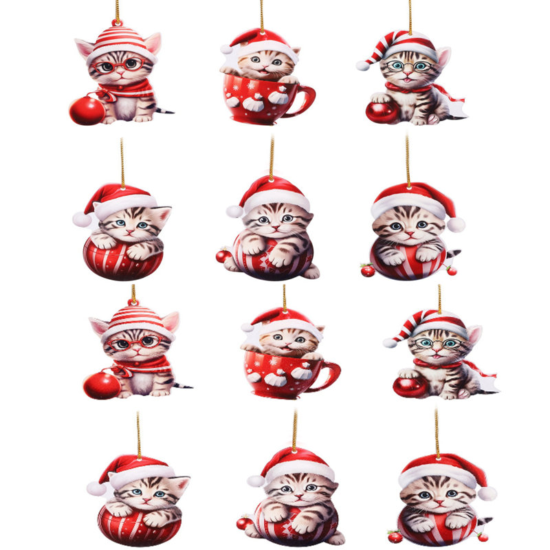 12 pièces décorations de chat 2d plat et amovible en acrylique décorations de Noël pour fenêtre de sapin de Noël