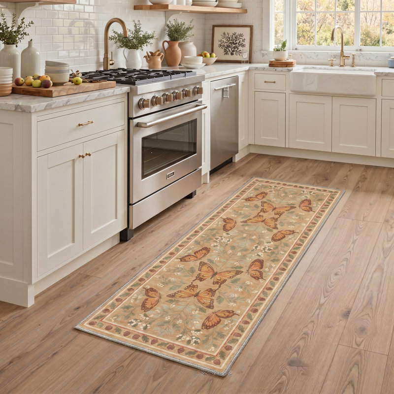 Monarchia Vintage Machine Washable Beige / Brown / Green Indoor Area Rug with Non-Slip Backing, Runner 2'6" x 8'
