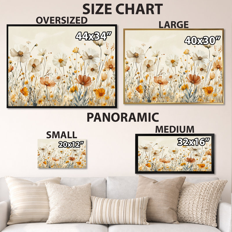 Champ de fleurs sauvages beige ivoire neutre IV - Tableau encadré de fleurs sauvages, H 24 po x l 32 po, Black Picture Framed