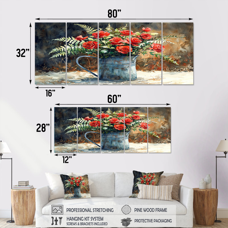 Hornberger - Roses - Art mural moderne pour le salon, H 28 po x l 60 po, 5