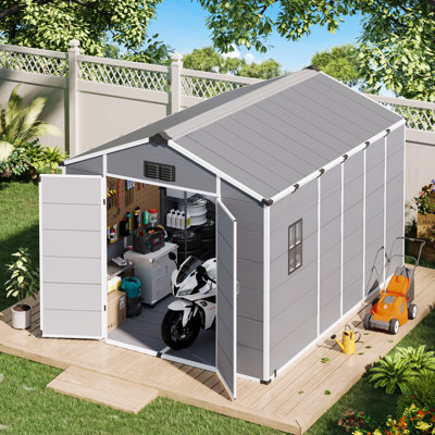 8X12 FT Outdoor Storage Shed, Weather-Resistant Shed With Lockable Double Doors & Built-In Floor, Sloped Roof Outdoor Shed For Backyard, Patio & Lawn, Black