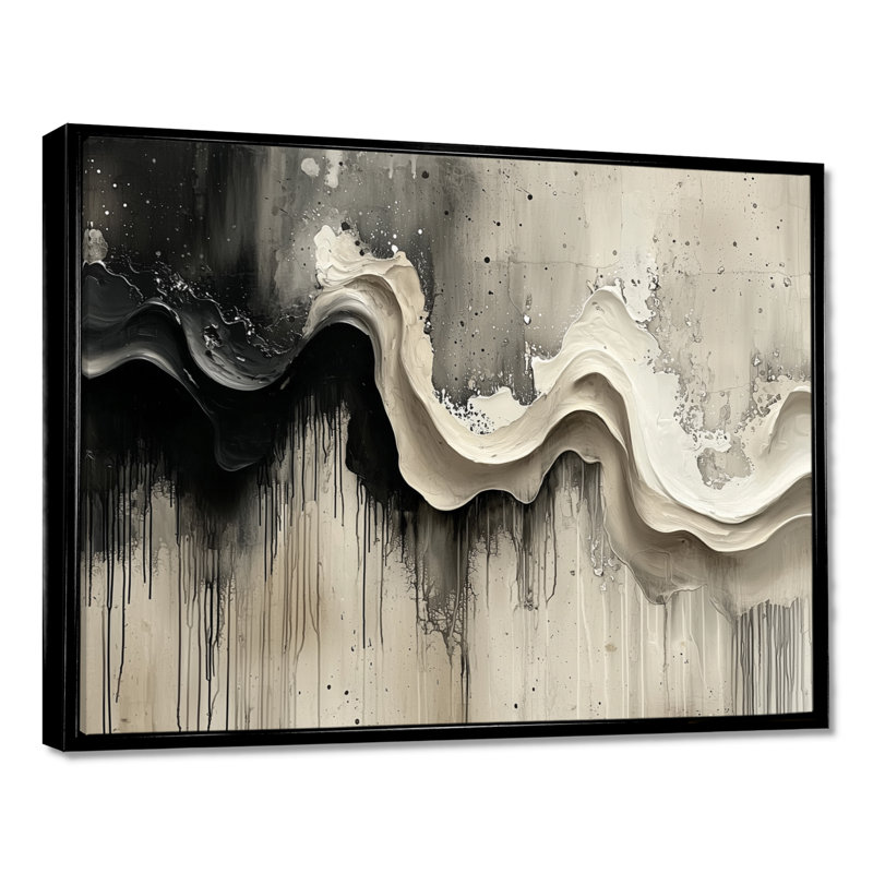 «Grey On White», art graphique sur toile «Abstract Modern Waves», H 30 po x l 40 po, Noir, Cadre flottant