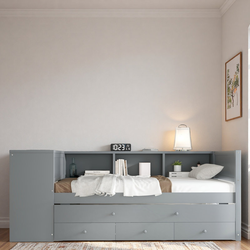 Lit de jour en bois avec couchette, tiroirs de rangement, tablettes latérales et bureau, Gris, Lit simple