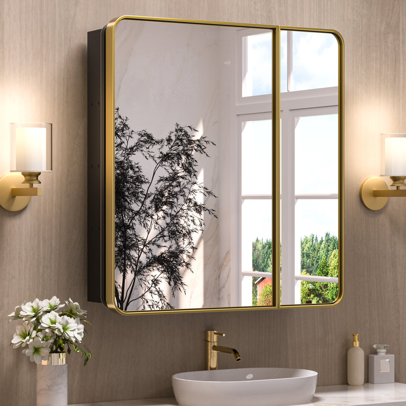 Gervon Rectangle Recessed Medicine Cabinet with Adjustable Shelves, 32" H x 30" W x 5" D, Gold