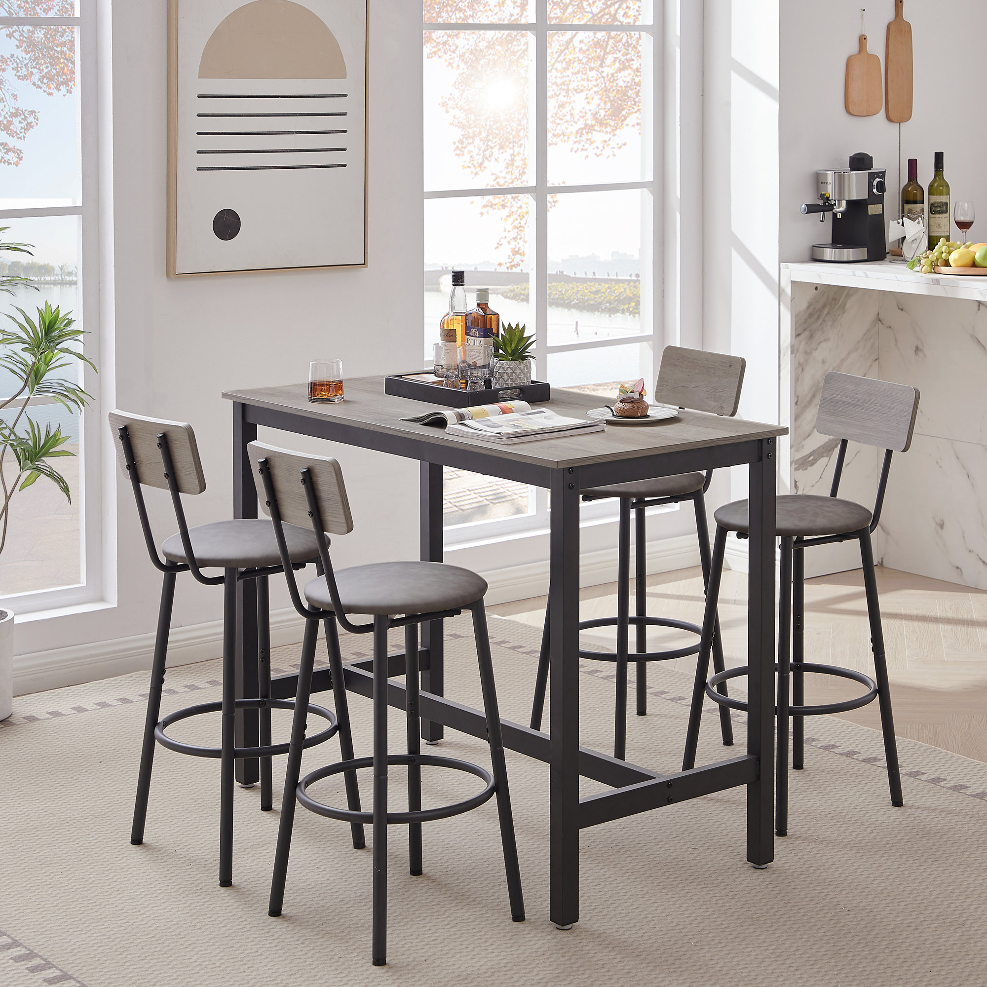 Trent Austin Design Bar Table Set With 4 Bar Dining Stools Pu Soft Seat ...