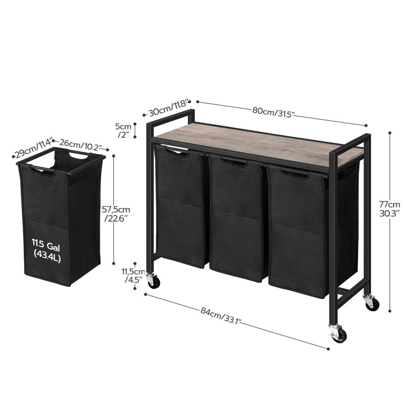 Trieur de linge à 3 sections avec roulettes, sacs amovibles et tablette supérieure, Noir