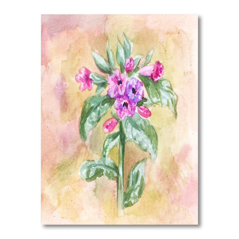 Fleur de lungwort rétro - œuvre d'art traditionnelle sur toile, H 40 po x l 30 po x P 1,5 po, Toile tendue