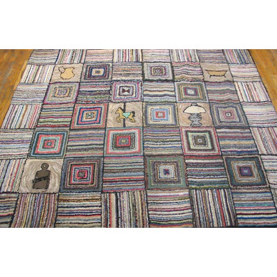 Square Antique Rare Basket Weave And Log Cabin Design American Folk Art Hooked Rug
