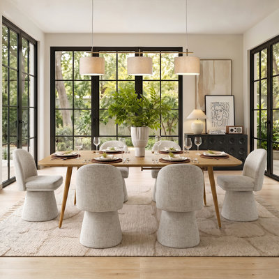 6 - Person Dining Table Sets With Extendable Table & 6 Tweed Upholstered Fabric Chairs