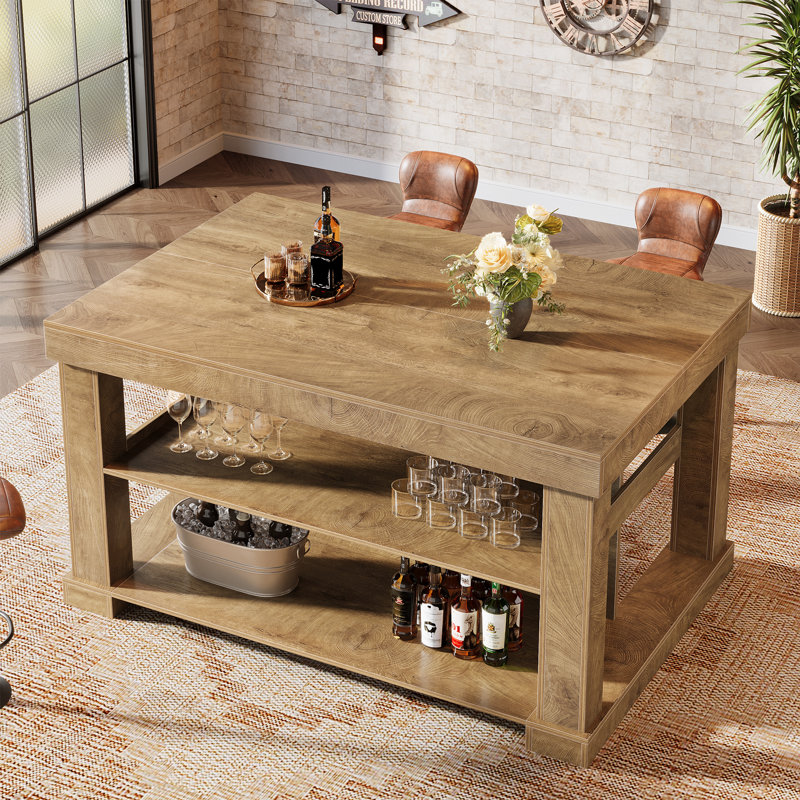 Kitchen Island with Storage Shelves, 55 Inch Kitchen Shelf with Large Worktop, Stable Structure, Farmhouse Style, Brown