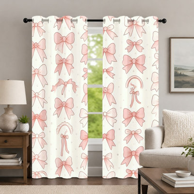 2Pcs Pink Bowknot Pattern Curtains, Sweet Style Curtain, Romantic Aesthetic Soft Ribbon Printed Art Grommet Drapes, Window Treatment for Bedroom Living Room Decor
