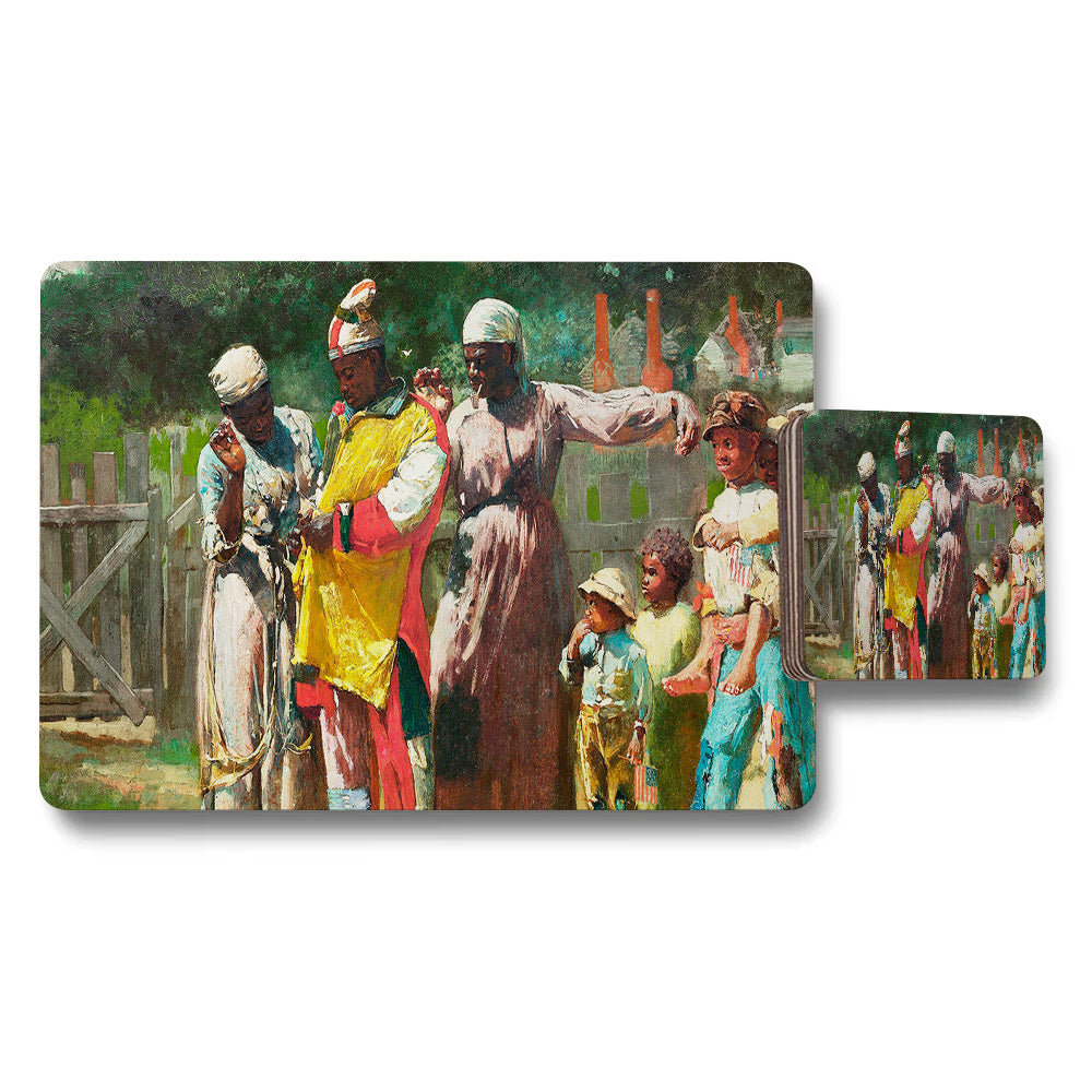 Placemat and Coaster Set With Vintage African Village Scene Artwork