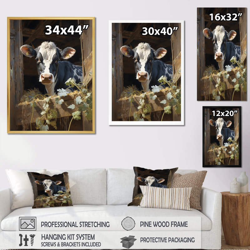 Damalis Cow Rustic Charm I - vache, art mural, H 32 po x l 16 po x P 1 po, Cadre simple noir