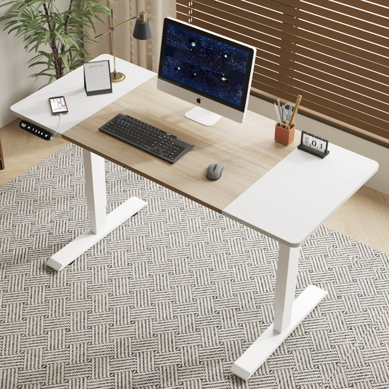 Bureau électrique à hauteur réglable, H 45 po x l 55 po x P 24 po, Bois de chêne naturel / blanc antique, Blanc